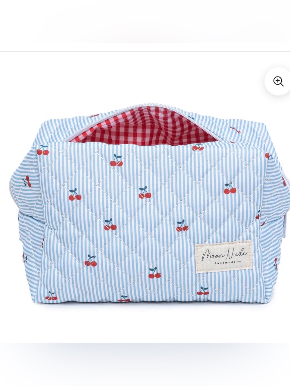 New Moon Nude  large Quilted Cherry Cosmetic Bag - Light Blue & Red